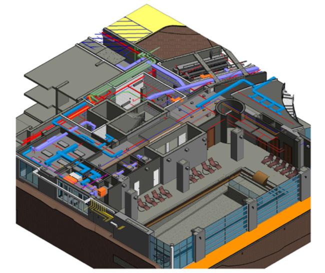 Cutaway shows color coding of systems in BIM Model