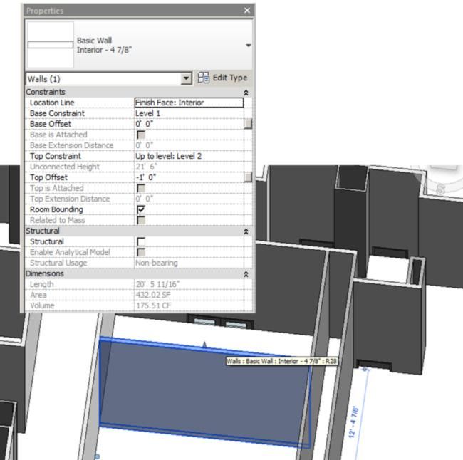 Properties of a wall shown in BIM